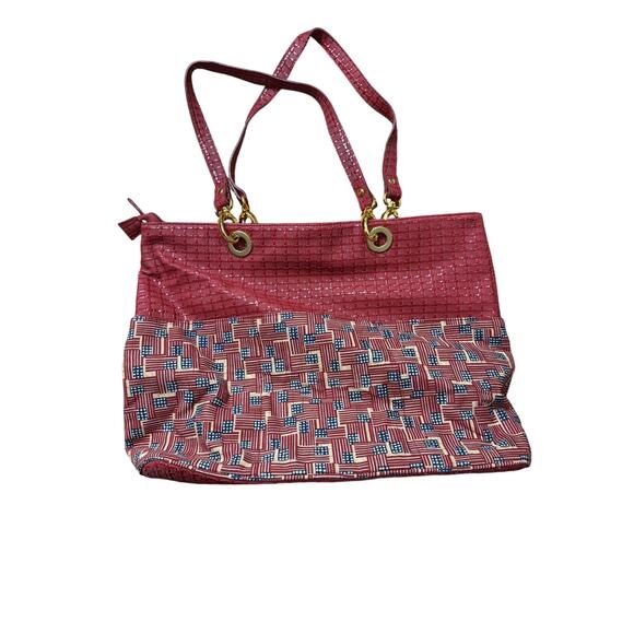 Longaberger Women's Large Tote Purse American Flag Pattern Gold Hardware Red - Picture 2 of 8